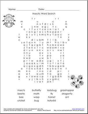 Word Search: Insects Lady Bug Puzzle (hard) (primary/elementary)