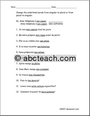 French: Possessive Adjective Worksheet, Number