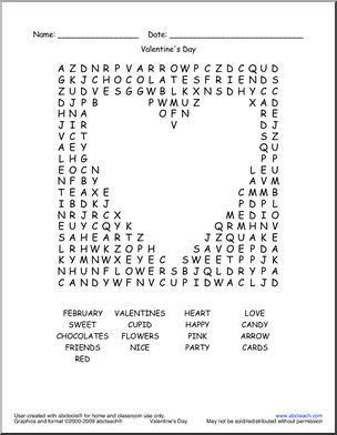 Word Search: Valentine’s  Day -Heart Shape 2 (easy)