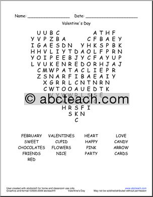 Word Search: Valentine’s  Day -Heart Shape (easy)