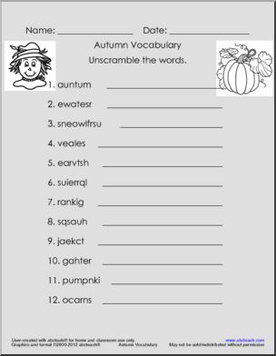 Word Unscramble: Autumn Vocabulary