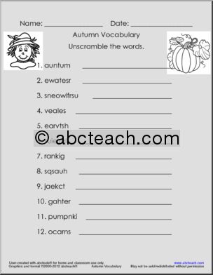 Word Unscramble: Autumn Vocabulary
