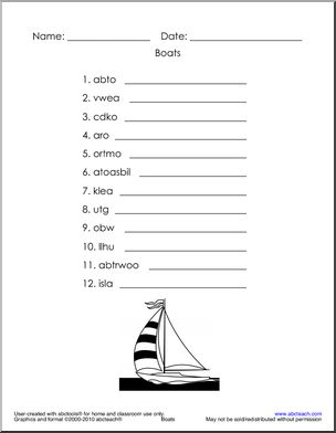 Word Unscramble: Boat/Sailing Theme (primary)