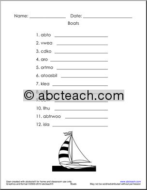 Word Unscramble: Boat/Sailing Theme (primary)