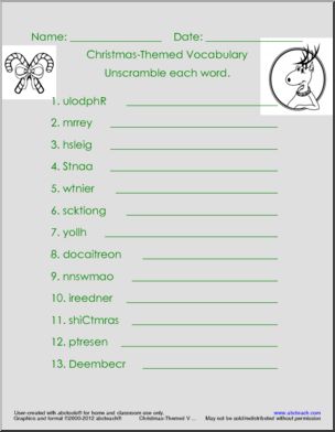 Word Unscramble: Christmas Vocabulary (color)