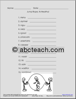 Unscramble the Words: Healthy Heart: Jump Rope (elem/upper)