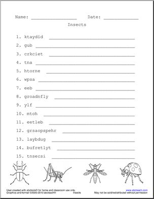 Word Unscramble: Insects  (easy) (primary/elementary)