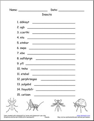Word Unscramble: Insects Activity (hard) (primary/elementary)