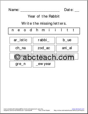 Year of the Rabbit Activity Set (easy) Vocabulary