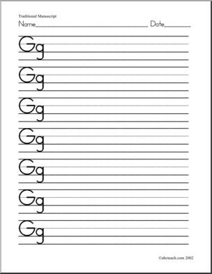 Handwriting Practice: Gg – Manuscript (ZB-Style Font)