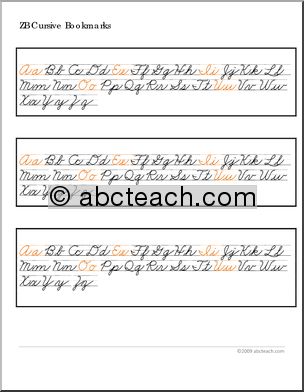 Bookmark: ZB-Style Cursive (vowels in color, ruled lines)