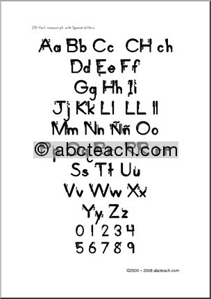Spanish: Chart – Manuscript Letters Aa -Zz (ZB-Style Font) with arrows
