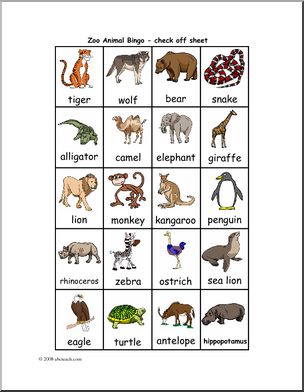 Bingo Cards: Zoo (check sheet) (color) – Abcteach
