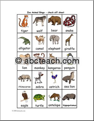 Bingo Cards: Zoo (check sheet) (color)