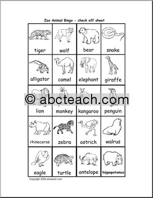 Bingo Cards: Zoo (check sheet) (b/w)